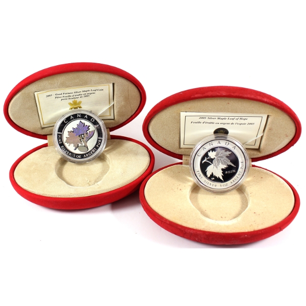 2003 Good Fortune Hologram & 2005 Hope $5 SML Coins in Red Cases. 2pcs. (Tax Exempt)