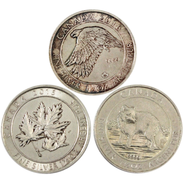 3x 1.5oz $8 2014 Arctic Fox, 2015 Super Leaf & 2016 Snow Falcon .9999 Fine Silver Rounds