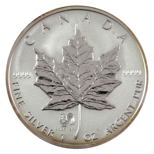 2005 $5 Silver Maple Leaf 1oz .9999 Fine Silver Coin w/ Rooster Privy Mark (Tax Exempt)