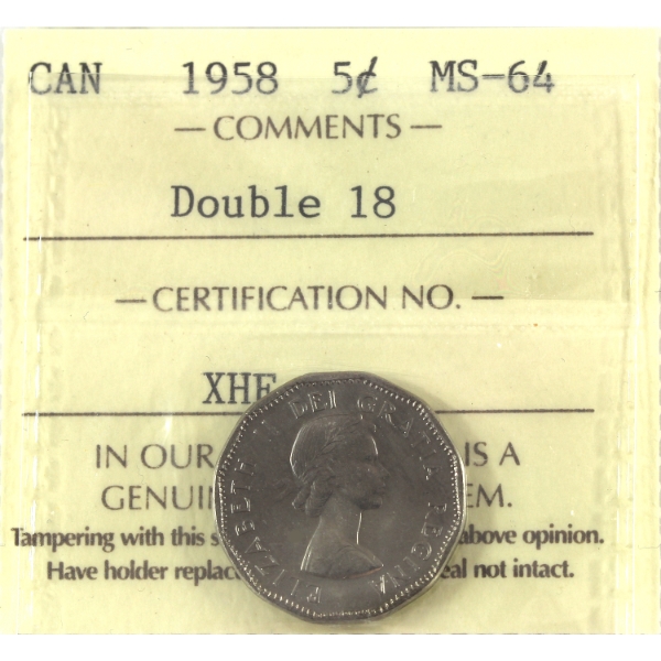 5-cent 1958 Double 18 in Date ICCS MS64