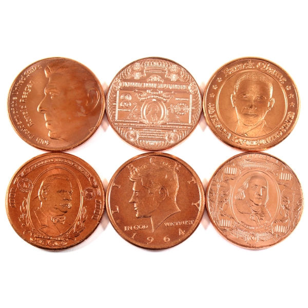6x 1oz Assorted Presidents .999 Fine Copper Rounds. 6pcs