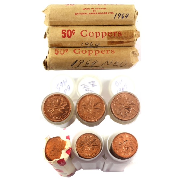 9x 1-cent 1960, 1964, & 1965 Rolls of 50pcs in Mint State, Toned. 9 Rolls.