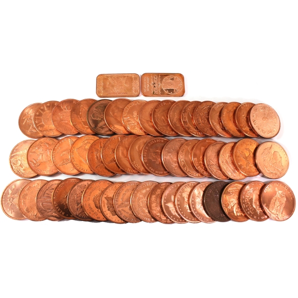 1oz Assorted .999 Fine Copper Rounds & Bars. 51pcs.