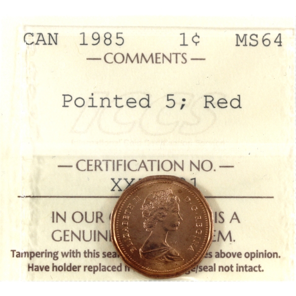 1-cent 1985 Pointed 5 ICCS MS64 Red