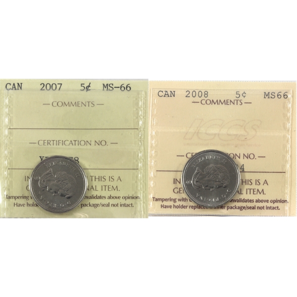2x 5-cent 2007 & 2008 ICCS MS66. 2pcs.