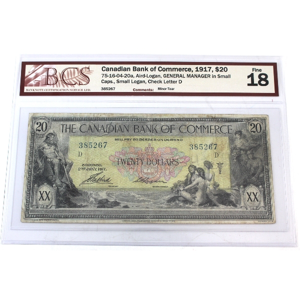 75-16-04-20a 1917 $20 Bank of Commerce BCS F18 Aird-Logan Check Letter D SN: 385267