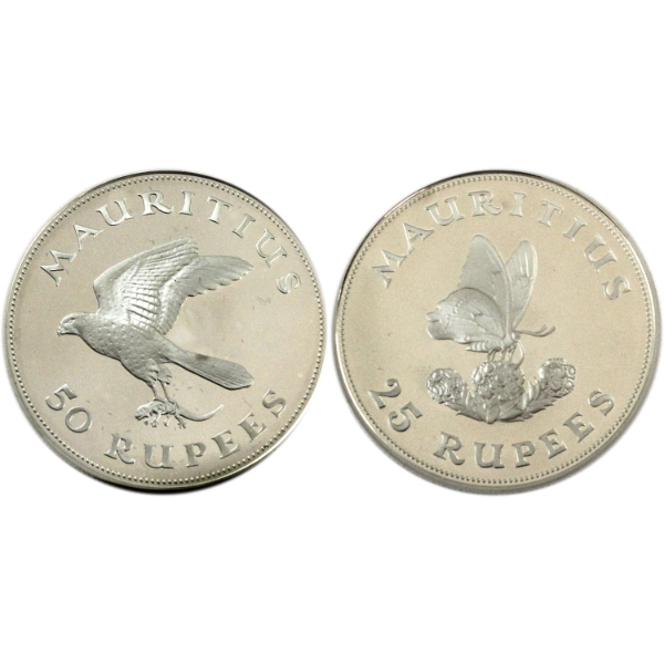 Mauritius 1975 25 Rupees & 50 Rupees Sterling Silver Proof Wildlife Conservation Series Coins. 2pcs
