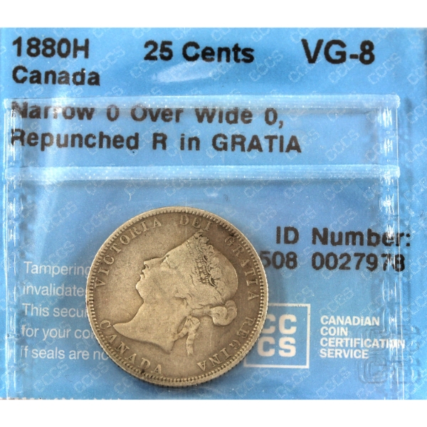 25-cent 1880H Narrow 0/Wide 0; Repunched R in GRATIA CCCS VG8