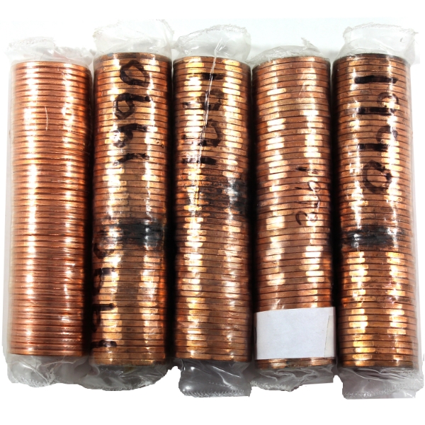 1-cent 2x 1990, 1991, 1992 & 2003P New Effigy Rolls of 50pcs. 5 Rolls