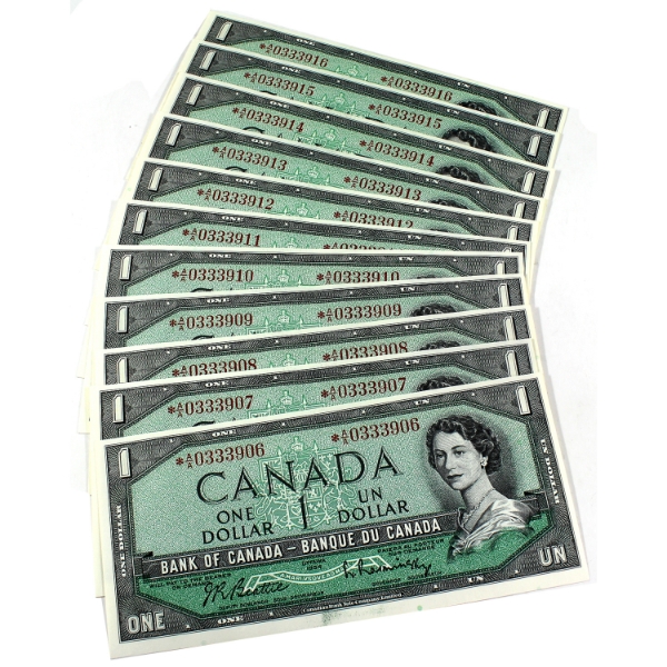 BC-37bA 1954 $1 Consecutive Notes in Sequence Beattie-Rasminsky SN: *A/A0333906 to " 16. 11pcs
