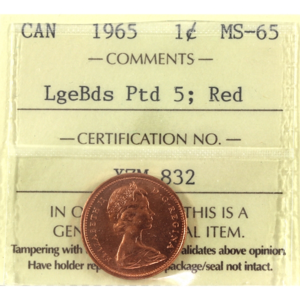 1-cent 1965 LB P5 ICCS MS65 Red