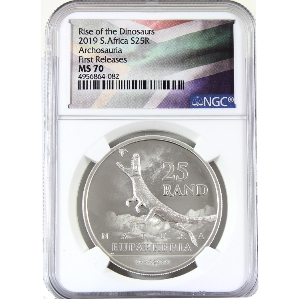 South Africa 2019 25 Rand Rise of the Dinosaurs Archosauria-Euparkeria NGC MS70 1oz .999 Silver