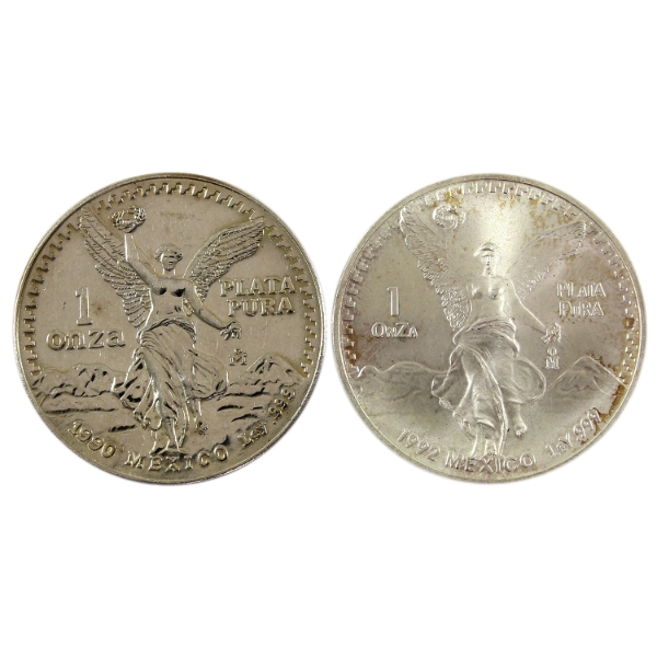2x 1oz Mexico 1990 & 1992 .999 Fine Silver Libertad. 2pcs (Tax Exempt)