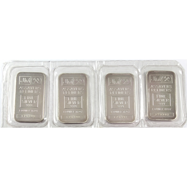 4x 1oz JM Johnson Matthey Consecutive .999 Fine Silver Bars in Sealed Plastic Sheet. 4pcs.