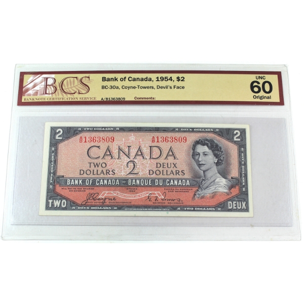 BC-30a 1954 $2 Devil's Face BCS UNC60 Original Coyne-Towers SN: A/B1363809