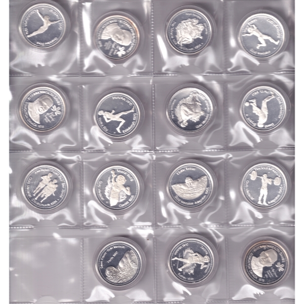 1975 XI Commonwealth Games Edmonton .999 Fine Silver Rounds in 16-Pocket Sheet. 15pcs.
