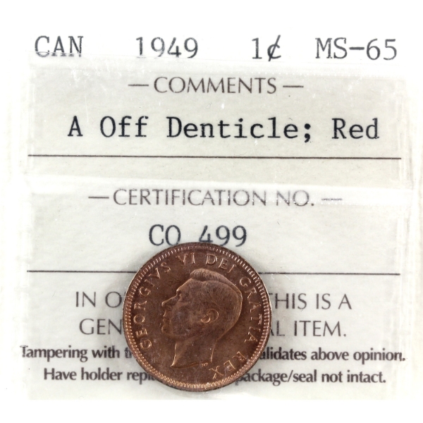 1-cent 1949 A Off Denticle ICCS MS65 Red