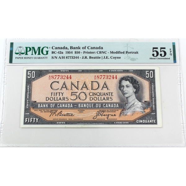 BC-42a 1954 $50  PMG AU55 EPQ Beattie-Coyne SN: A/H8773244 