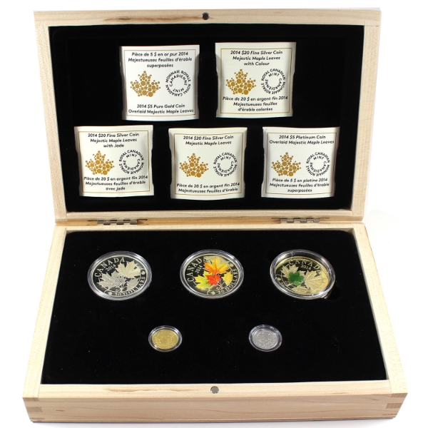 2014 Majestic Maple Leaves Pure Silver, Gold, & Platinum 5-Coin Set (Tax Exempt)