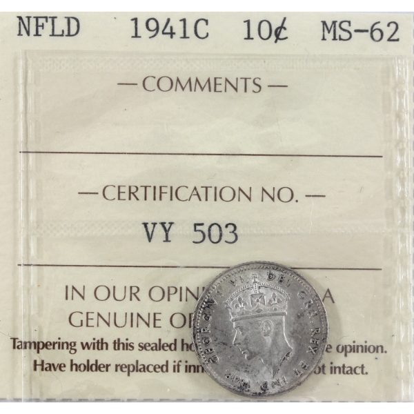 Newfoundland 10-cent 1941C ICCS MS62