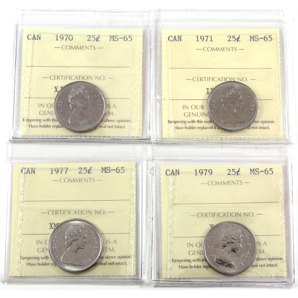 25-cent 1970, 1971, 1977 & 1979 ICCS MS65. 4pcs.
