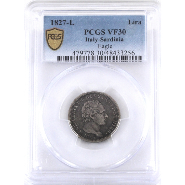 Italian States-Sardinia Silver 1827L Lira Eagle PCGS VF30