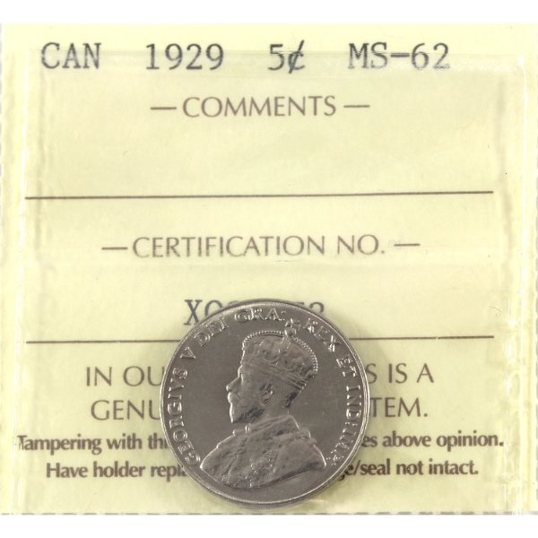 5-cent 1929 ICCS MS62
