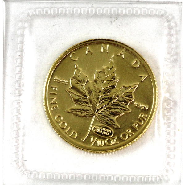1/10oz Canada 1999 $5 Gold Maple Leaf 20th Anniversary Privy Mark .9999 Gold Coin (Tax Exempt)
