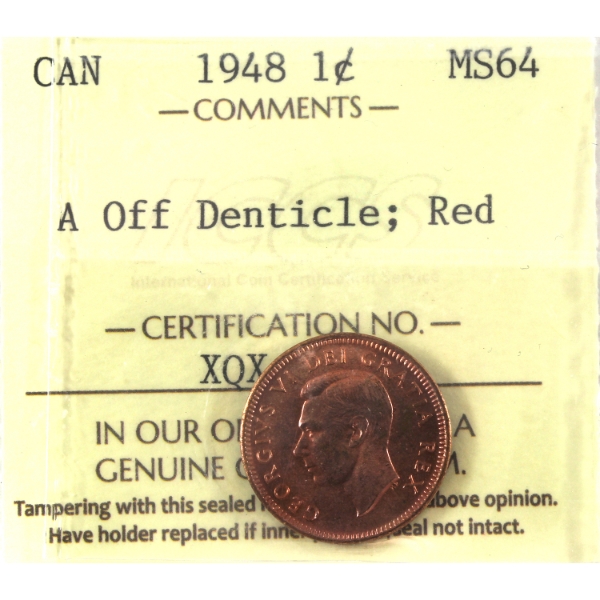 1-cent 1948 A Off Denticle ICCS MS64 Red