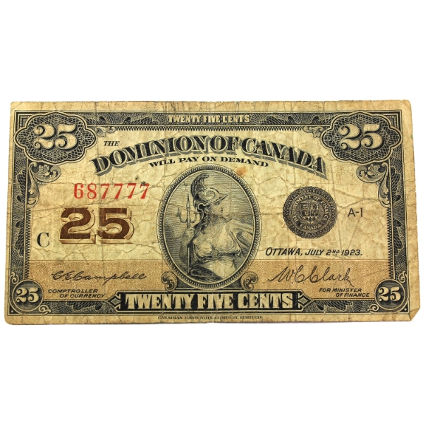 DC-24d 1923 25-cent Shinplaster F-VF Campbell-Clark SN: 687777
