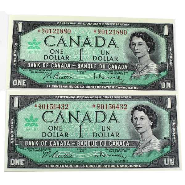 2x BC-45bA 1967 $1 *N/O Replacement UNC or Better Beattie-Rasminsky SN: *N/O0121880 & *N/O0156432