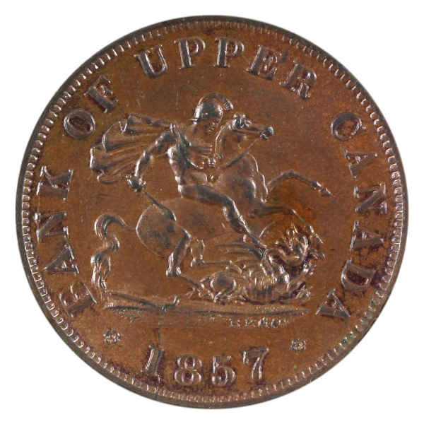 BR-720, CH-PC-5D Bank of Upper Canada 1857 Half Penny Bank Token BU Lustrous Brown