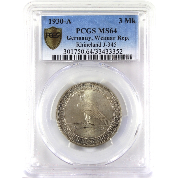 Germany-Weimar Republic Silver 1930A 3 Reichsmark Rhineland PCGS MS64