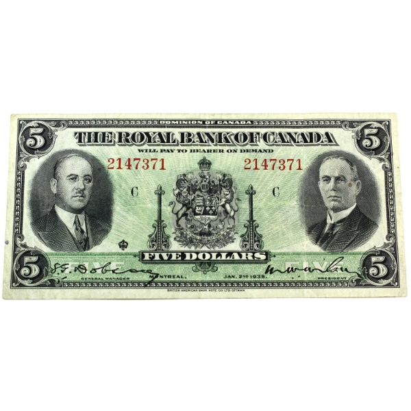 630-18-02a 1935 $5 The Royal Bank of Canada VF Dobson-Wilson SN: 2147371 Check Letter C