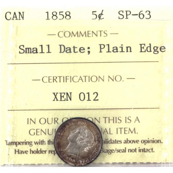 5-cent 1858 Small Date; Plain Edge ICCS SP63