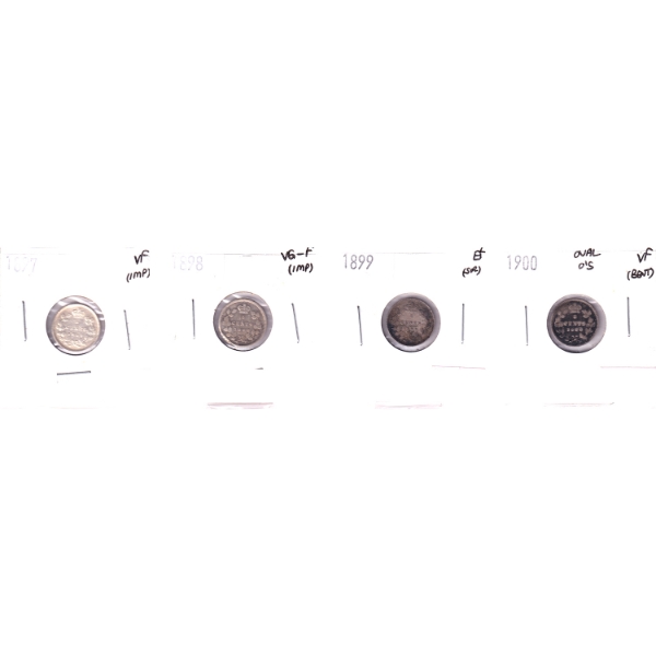 Group Lot of 10-cent 1897-1900 Silver in 4-Pocket Sheet VG-F to EF. 4pcs.