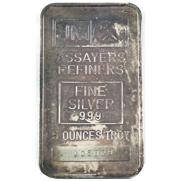 5oz Johnson Matthey Vintage .999 Silver Bar, SN: 008879. Blank Back Variety (Tax Exempt)