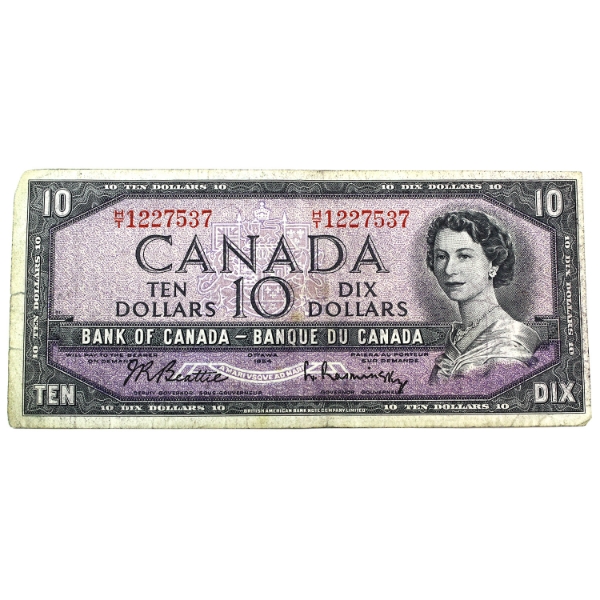 BC-40b 1954 $10 Modified Portrait Beattie-Rasminsky SN: H/T1227537