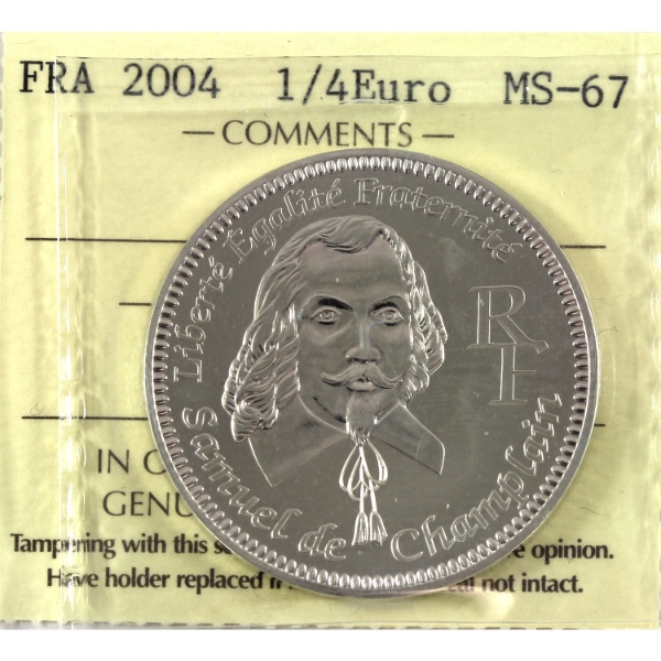France Silver 2004 1/4 Euro Samuel de Champlain ICCS MS67