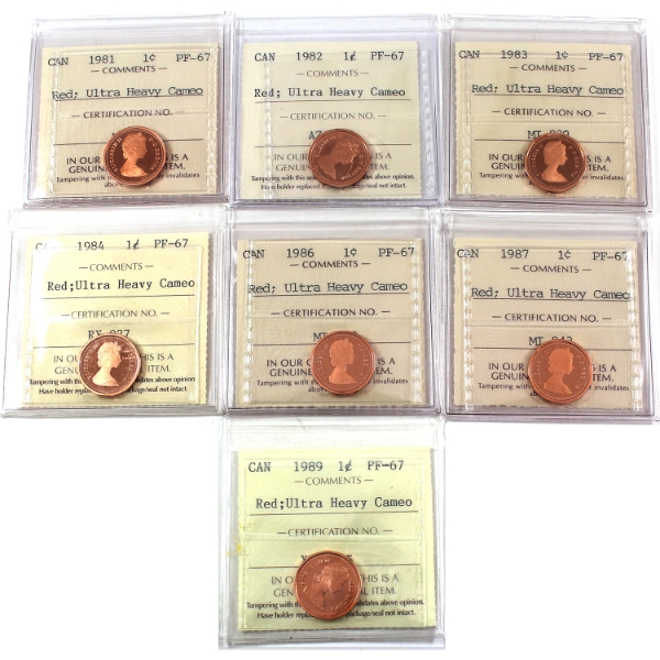 1-cent 1981-1989 ICCS PF67 Red; UHC. 7pcs.
