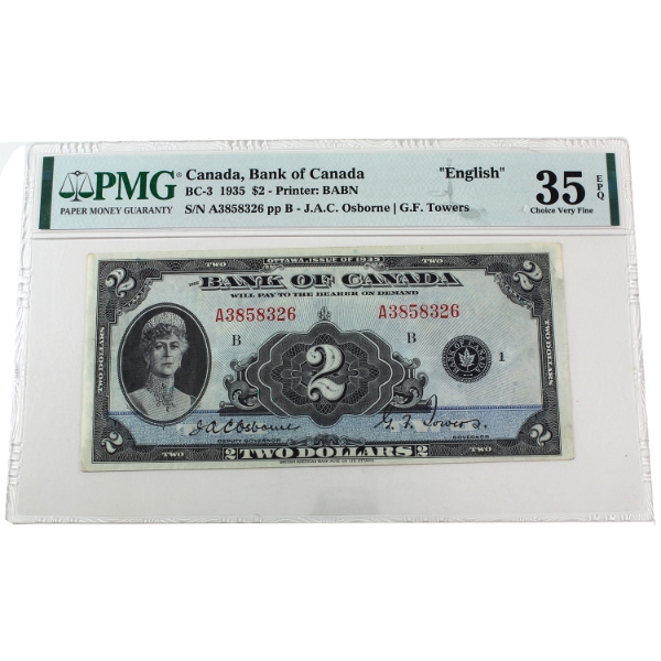 BC-3 1935 $2 English PMG Choice VF35 EPQ Osborne-Towers SN: A3858326 pp B 