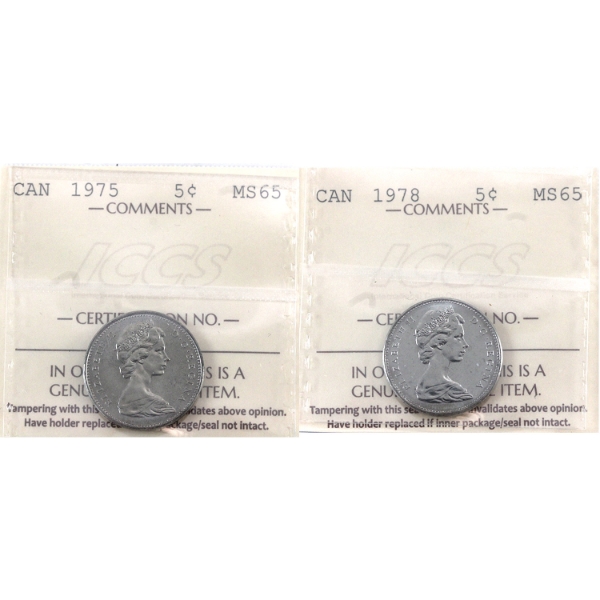 5-cent 1975 & 1978 ICCS MS65. 2pcs