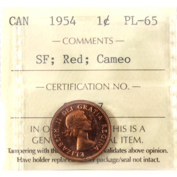 1-cent 1954 SF ICCS PL65 Red; Cameo