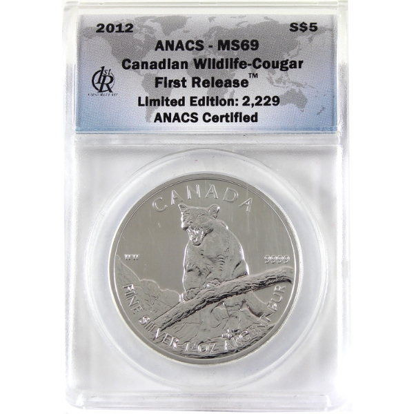 2012 $5 Canadian Wildlife - Cougar First Release ANACS MS69 .9999 Fine Silver Coin (Tax Exempt)