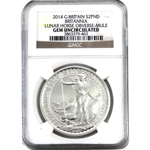 Great Britain Silver 2014 £2 Britannia Lunar Horse Obverse-Mule NGC GEM UNC (Tax Exempt)