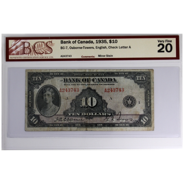 BC-7 1935 $10 English BCS VF20 Osborne-Towers SN: A243743 ppA