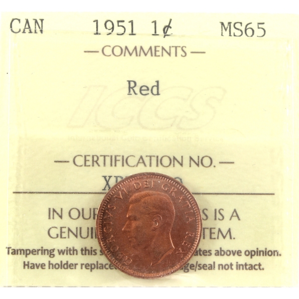 1-cent 1951 ICCS MS65 Red