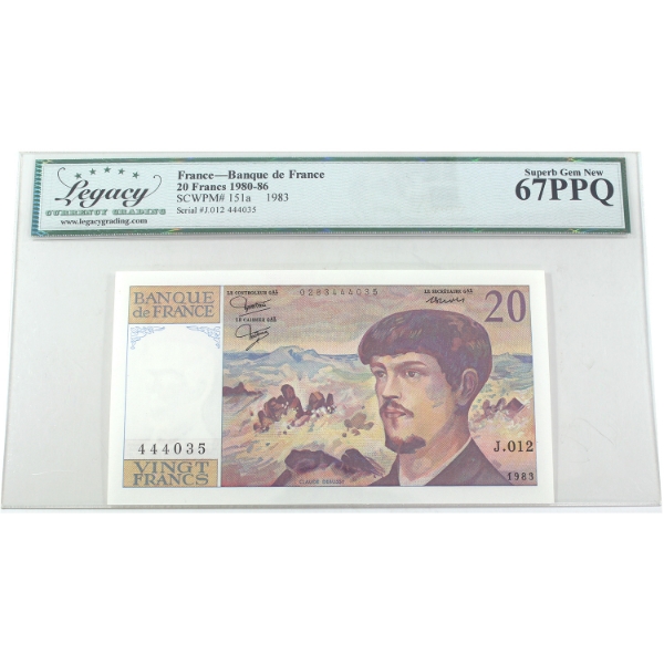 France 1983 Pick-151a Banque de France 20 Francs Legacy Superb GEM UNC67 PPQ SN: J.012 444035