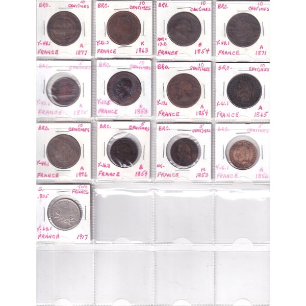 Bulk Lot of 1853-1917 France Tokens in 20-Pocket Sheet. 13pcs