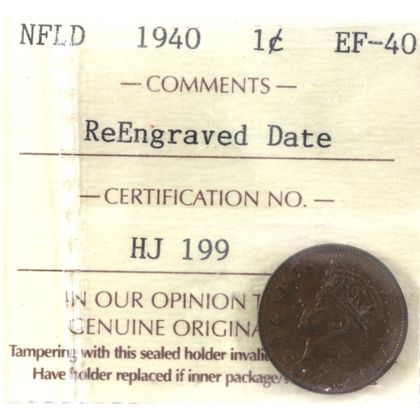Newfoundland 1-cent 1940 Re-Engraved Date ICCS EF40